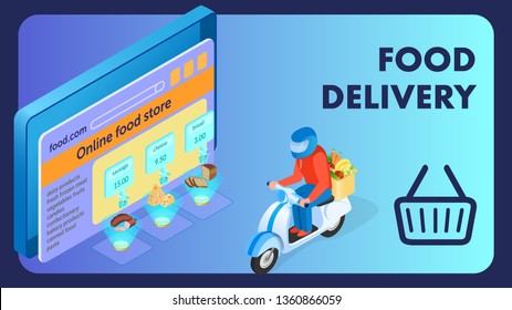 Internet Food Store Isometric Banner Template. Online Products Ordering Typography with Linear Basket Icon. Cartoon Delivery Man on Scooter Carrying Fresh Vegetables, Fruits. 3d Mobile App Promo