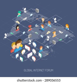 Internet Forum Concept With Isometric People Avatars Speech Bubbles And World Map Vector Illustration