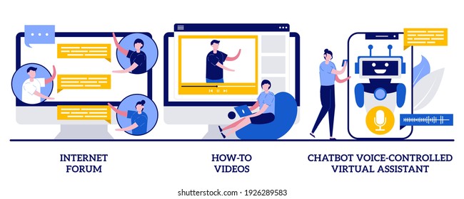 Internet Forum, How-to Videos, Chatbot Voice-controlled Virtual Assistant Concept With Tiny People. Remote Communication Vector Illustration Set. Life Hack Media, Automated Online Helper Metaphor.