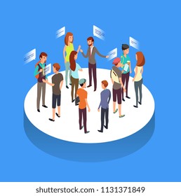 Internet forum. People communication, talking friends and society isometric vector concept. Society connect and discussion illustration