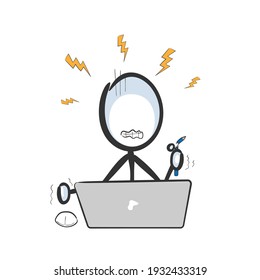 Internet fraud. Angry man .Vector simple stressed using computer. Stickman no face clipart cartoon. Hand drawn. Doodle sketch, graphic illustration