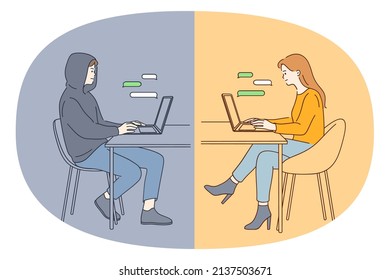 Internet fraud and crime concept. Young smiling woman sitting at laptop and chatting online dating with man in hood fraud communicating with her vector illustration 