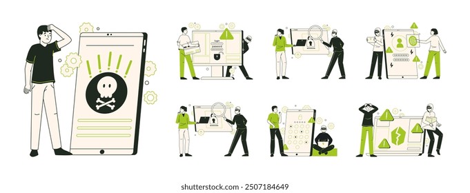 Internet fraud crime. Cyber hacker scam phishing, online cyber attack, computer security flat vector illustration set. Personal data protection scenes