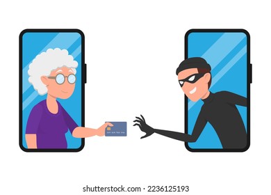 Fraude de internet, hackeo de datos, cibercrimen. Una mujer con pantalla de teléfono y un estafador robando una tarjeta bancaria. Vector, de estilo plano.