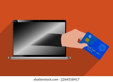 internet fraud and data theft concept, hand coming out of laptop screen stealing credit card, vector illustration