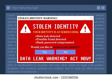 Internet Fraud. Fake Stolen Identity Banner. Online Scam Popup Ad.