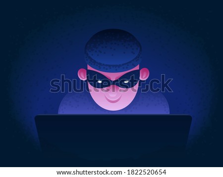 Internet fraud. Hacker behind a laptop monitor. Phishing and online surveillance. Identity theft and hacking of bank cards and email. Cyber crime. Vector illustration in cartoon style