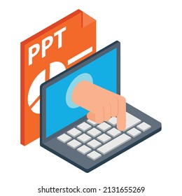 Internet fraud icon isometric vector. Hand from screen presses button, ppt file. Online scam, internet security, data protection