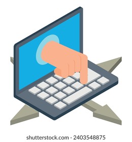Internet fraud icon isometric vector. Hand from screen presses button and arrow. Online scam, internet security