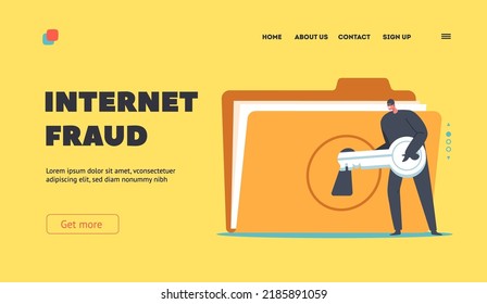Internet Fraud Landing Page Template. Cyber Crime, Hacker Attack, Theft Character Steal Private Data. Tiny Bulgar In Mask Open Huge Folder with Personal Information. Cartoon People Vector Illustration
