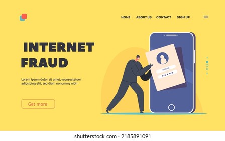 Internet Fraud Landing Page Template. Tiny Anonymous Hacker Attacking Huge Smartphone Insert Stolen Password And Username Information, Criminal Steal Private Data. Cartoon People Vector Illustration