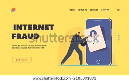 Internet Fraud Landing Page Template. Tiny Anonymous Hacker Attacking Huge Smartphone Insert Stolen Password and Username Information, Criminal Steal Private Data. Cartoon People Vector Illustration