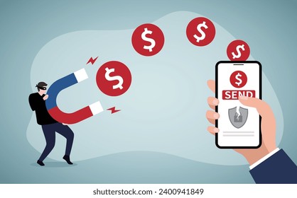 Internet fraud, ransomware, telecom fraud concept. Hacker anonymous holds magnet and demands money.Personal data leakage.