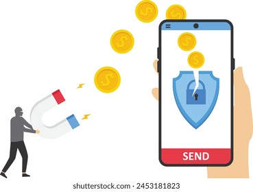 Internet fraud, ransomware, telecom fraud concept. Hacker anonymous holds magnet and demands money.Personal data leakage.

