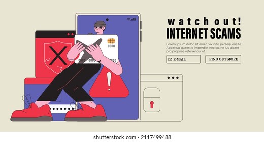 Internet Fraud And Scam Concept. Online Hackers At Phishing, Cyber Crime, Theft Of Personal Bank Or Credit Debit Card Information And Money. Flat Graphic Vector Illustration. 