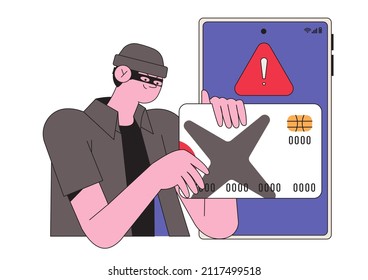 Internet Fraud And Scam Concept. Online Hackers At Phishing, Cyber Crime, Theft Of Personal Bank Or Credit Debit Card Information And Money. Flat Graphic Vector Illustration. 