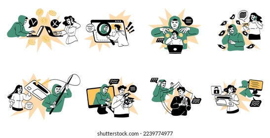 Internet fraud and scam concept. Online hackers steal personal data, money from mobile banks, passwords and secret information. Cyber crime. Cartoon flat vector collection isolated on white background
