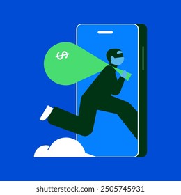 Internet fraud and scam concept. Online hackers at phishing, cyber crime, theft of personal bank or credit debit card information and money. Flat graphic vector illustration.