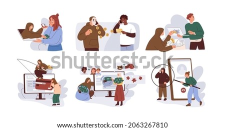 Internet fraud and scam concept. Online hackers at phishing, cyber crime, theft of personal data, password, bank information and money. Flat graphic vector illustration isolated on white background.
