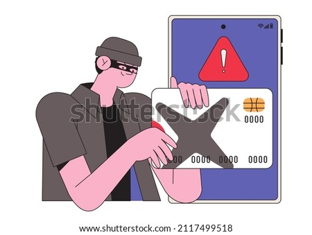 Internet fraud and scam concept. Online hackers at phishing, cyber crime, theft of personal bank or credit debit card information and money. Flat graphic vector illustration. 