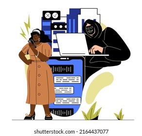 Internet fraud and scam. Masked man at laptop communicates with woman in social networks and instant messengers. Digital technologies and danger on Internet. Cartoon flat vector illustration