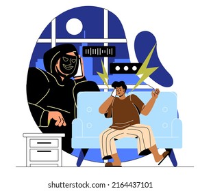 Internet-Betrug und -Betrug. Schammer telefoniert mit dem Typen, Identitätsdiebstahl. Moderne Technologien und Sicherheit im Internet. Diebstahl von Bankgeldern. Hacker und so tun, täuschen. Cartoon-Flavektor-Vektorgrafik