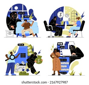 Internet Fraud And Scam. Set Of Hackers Or Cyber Criminals Stealing Personal Information, Money Or Bank Data. Thief Blackmailing People. Cartoon Flat Vector Collection Isolated On White Background