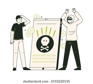 Internet fraud scene. Online cyber crime, cyber hacker attack, personal data protection and computer security flat vector illustration. Cyber scam phishing