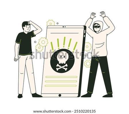 Internet fraud scene. Online cyber crime, cyber hacker attack, personal data protection and computer security flat vector illustration. Cyber scam phishing