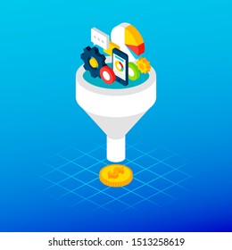 Internet Funnel Money Concept. Vector Illustration of Business Isometry.