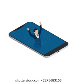 Icono de concepto isométrico de adicción a gadget de Internet con hombre ahogándose en ilustración vectorial de smartphone