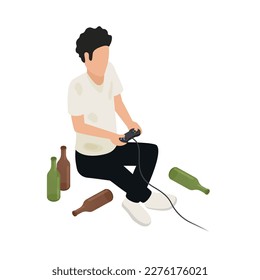 Internet gadget addiction isometric concept with dirty man surrounded by bottles playing video game vector illustration