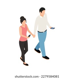 Internet gadget addiction isometric concept with people using smartphones while walking together vector illustration