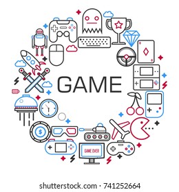 Internet games poster of electronic game and gaming devices vector outline icons