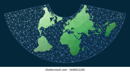 Internet and global connected globe. Conic Equal Area projection. Green low poly world map with network background. Modern connected globe for infographics or presentation. Vector illustration.