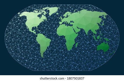Internet y el mundo conectado a nivel mundial. Proyección Kavrayskiy 7. Mapa verde del mundo de los polos bajos con fondo de red. Un globo conectado con clase para infografías o presentaciones. Vector.