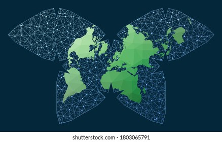 Internet and global connected globe. Polyhedral Waterman projection. Green low poly world with network background. Captivating connected globe for infographics or presentation.