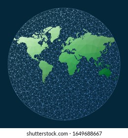 Internet and global connected globe. Van Der Grinten 3 projection. Green low poly world map with network background. Stylish connected globe for infographics or presentation. Vector.