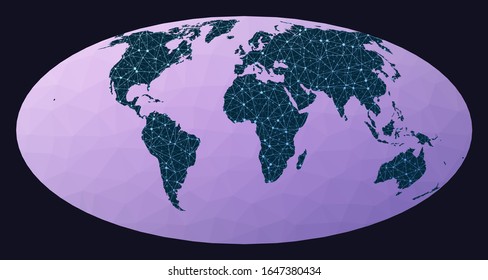 Internet and global connections map. Equal-area, pseudocylindrical Mollweide projection. World network map. Wired globe in Mollweide projection on geometric low poly background.