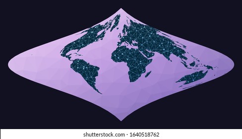 Internet and global connections map. Foucault's stereographic equivalent projection. World network map. Wired globe in Foucault projection on geometric low poly background. Charming vector illustration.