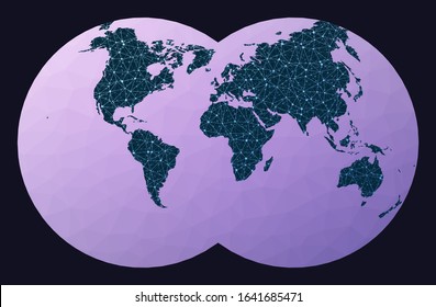 Internet and global connections map. Van der Grinten IV projection. World network map. Wired globe in Van Der Grinten 4 projection on geometric low poly background. Captivating vector illustration.