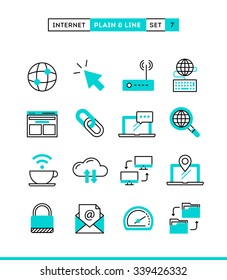 Internet, global network, cloud computing, free WiFi and more. Plain and line icons set, flat design, vector illustration