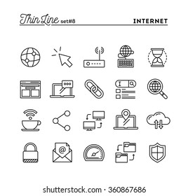 Internet, global network, cloud computing, free WiFi and more, thin line icons set, vector illustration