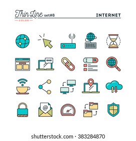 Internet, global network, cloud computing, free WiFi and more, thin line color icons set, vector illustration