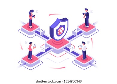 Internet and global network security vector illustration. People using modern gadgets. Secure data deposits online payments guarantee integrity of personal information concept