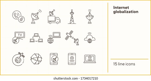 Internet globalization thin line icon set. Wireless connection, signal transmission, modern technology isolated signs. Communication services concept. Vector illustration symbol elements for and apps.