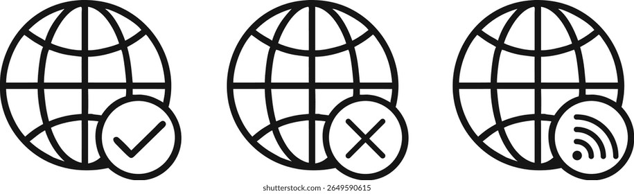 Internet globe icons with check mark, cross, and signal, symbolizing online access, connectivity status, and wireless network availability for digital interface design.