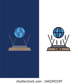 Internet, Globe, Router, Connect  Icons. Flat and Line Filled Icon Set Vector Blue Background