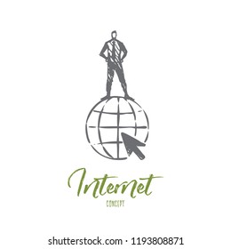 Internet, globe, symbol, website, world concept. Hand drawn man standing on symbol of internet concept sketch. Isolated vector illustration.