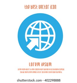 Internet globe vector icon. Globe and arrow simple isolated blue white go to web logo sign symbol.